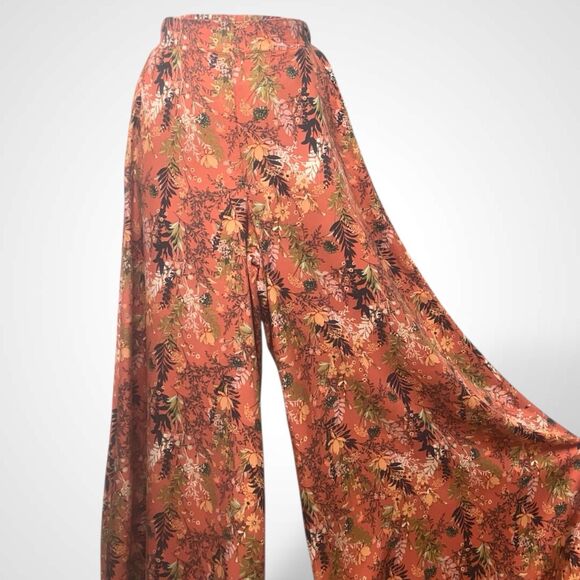 Rewash Super Flare Palazzo Pants Women Size M Orange Floral Elastic Waist Boho - Picture 8 of 8